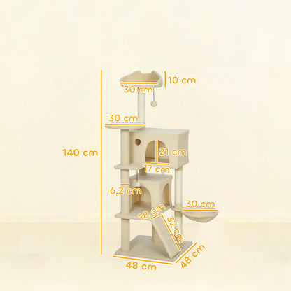 Pawhut Árbol Rascador Para Gatos 140 Cm Con Múltiples Plataformas Beige_2