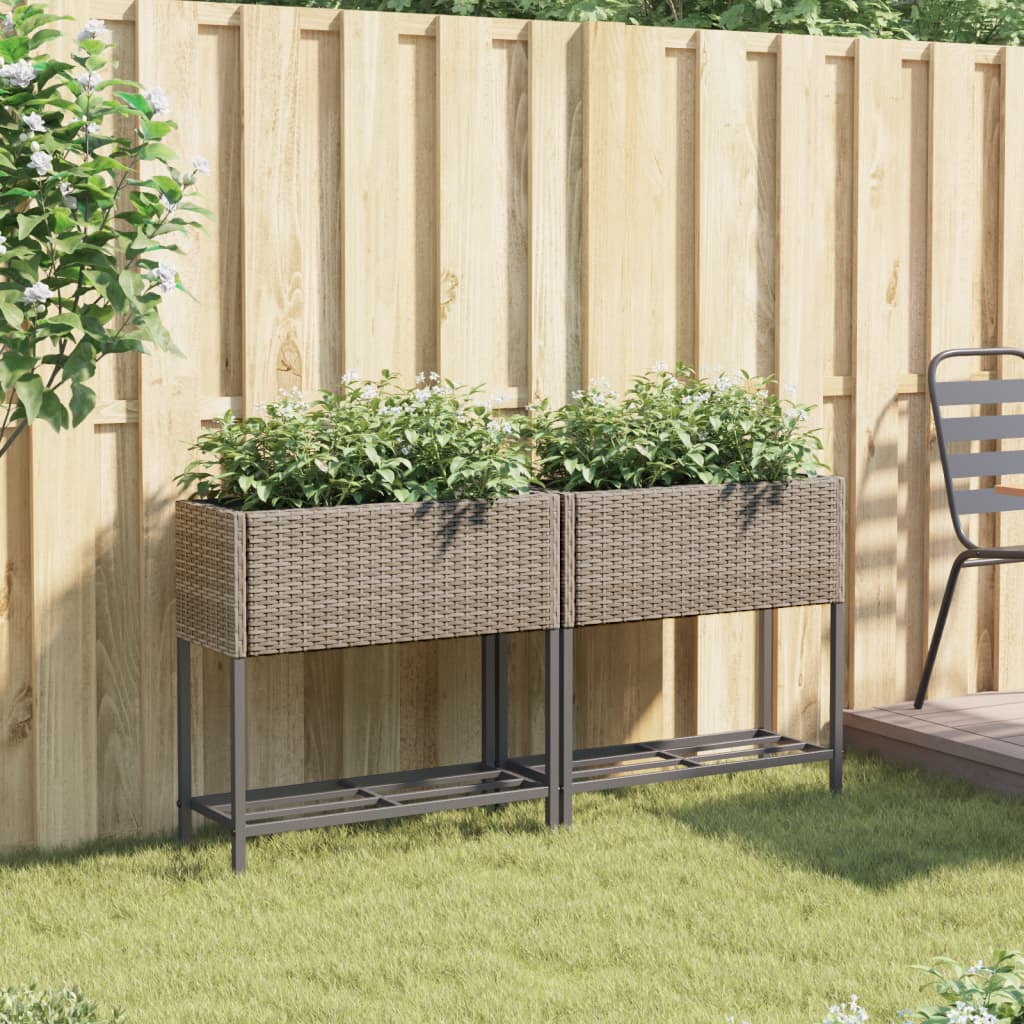 Jardineras Con Estante 2 Uds Ratán Sintético Gris 70x28x70 Cm_2