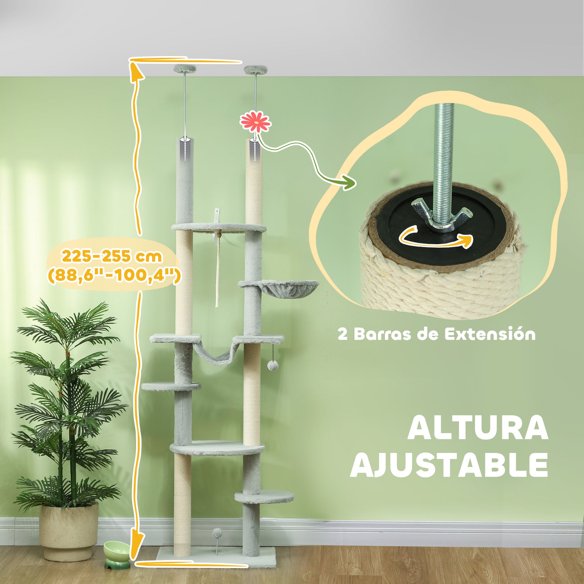 Pawhut Árbol Para Gatos De Suelo A Techo Con Altura Ajustable 225-255 Cm Gris_3