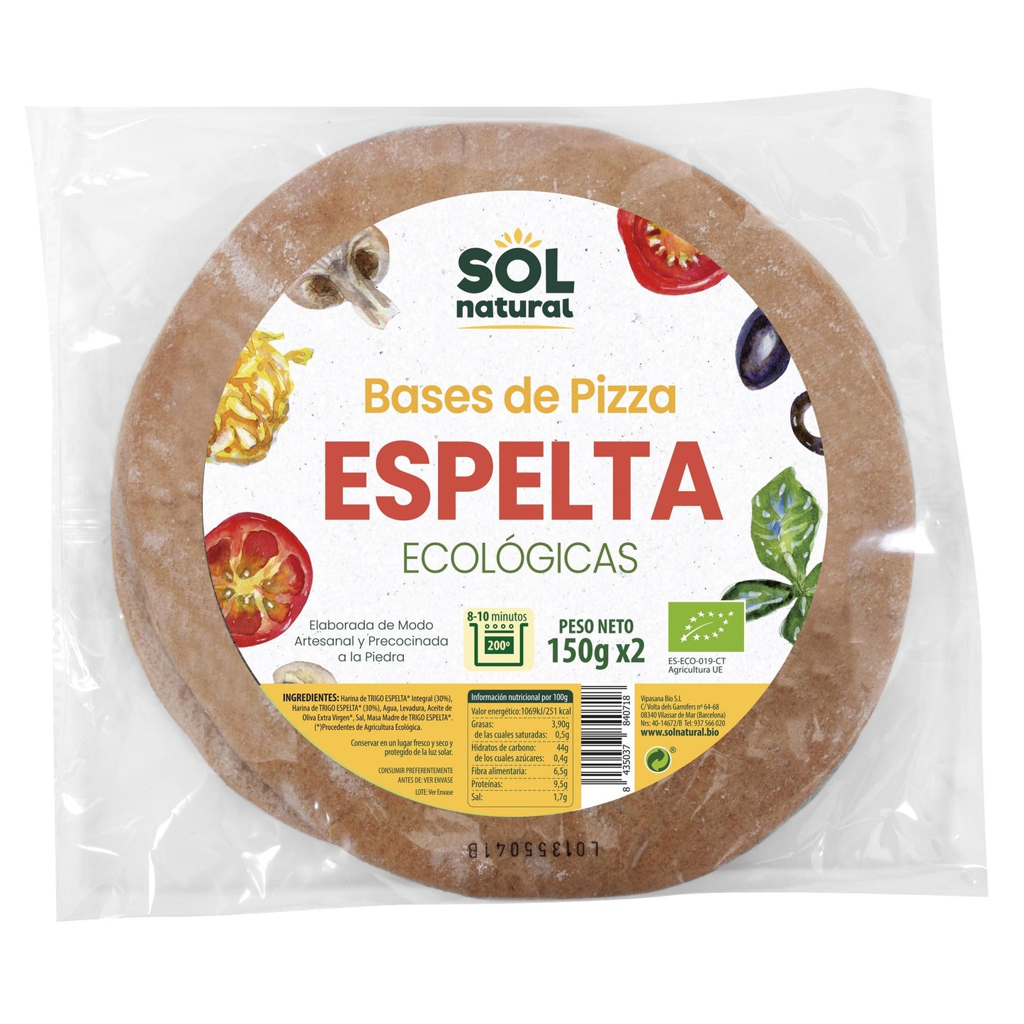Base de pizza masa gruesa de espelta integral Sol Natural 2 x 150 g