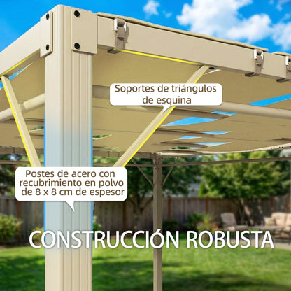 Outsunny Pérgola De Jardín 3x4 M Con Techo Ondulado Upf50+ Y Cortinas Beige_5