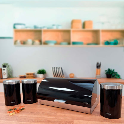 Panera De Mesa +juego 3 Botes Cocina Almacenaje Acero Inoxidable Contenedor De Pan Con Tapa, Briebe, Bb1161, Negro/inox