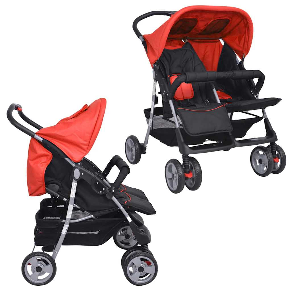 Vidaxl Cochecito Gemelar De Acero Rojo Y Negro_1