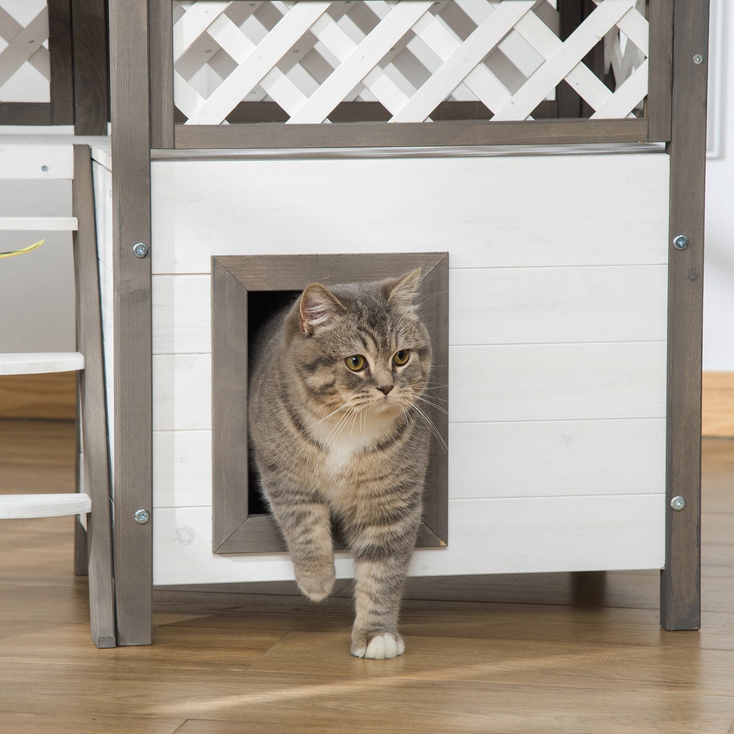 Pawhut Caseta Para Gatos De Madera 77x50x73cm Con Techo Terraza Vallada Blanco_3