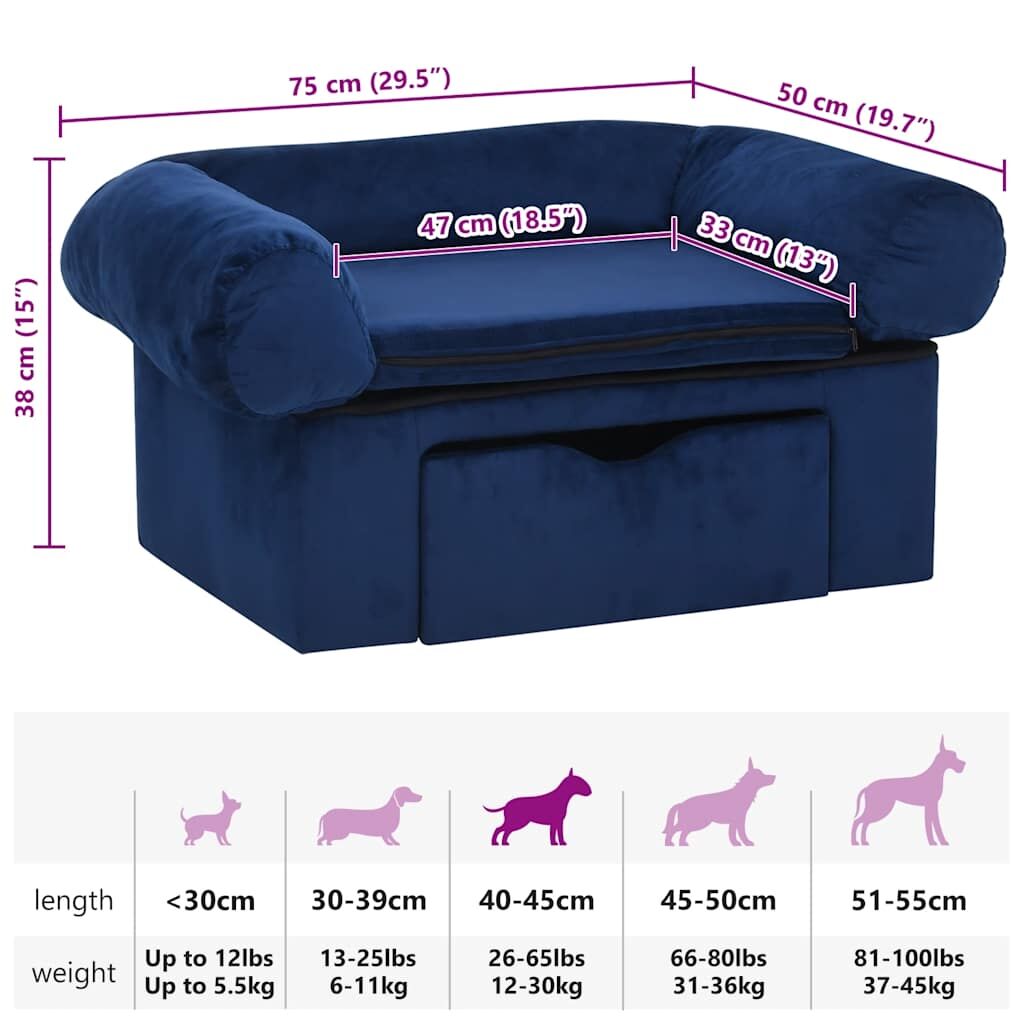Vidaxl Sofá Para Perros Con Cajón Felpa Azul 75x50x38 Cm_2