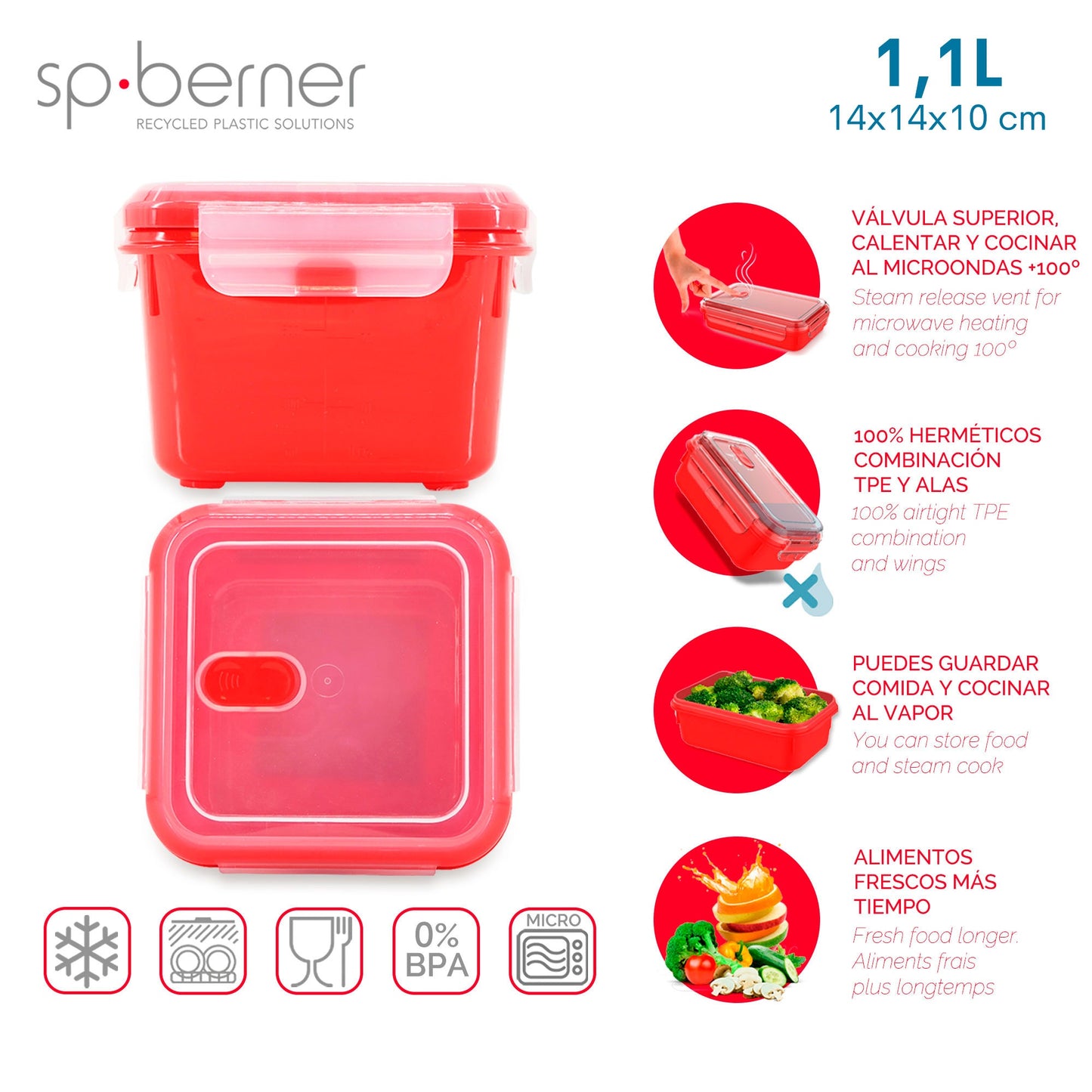 Hermético Super Lock Micro 1,1 L., Cuadrado, Apto Para Cocinar Al Vapor En El Microondas, Ideal Transporte Y Almacenamiento De Alimentos, Cierre Clip