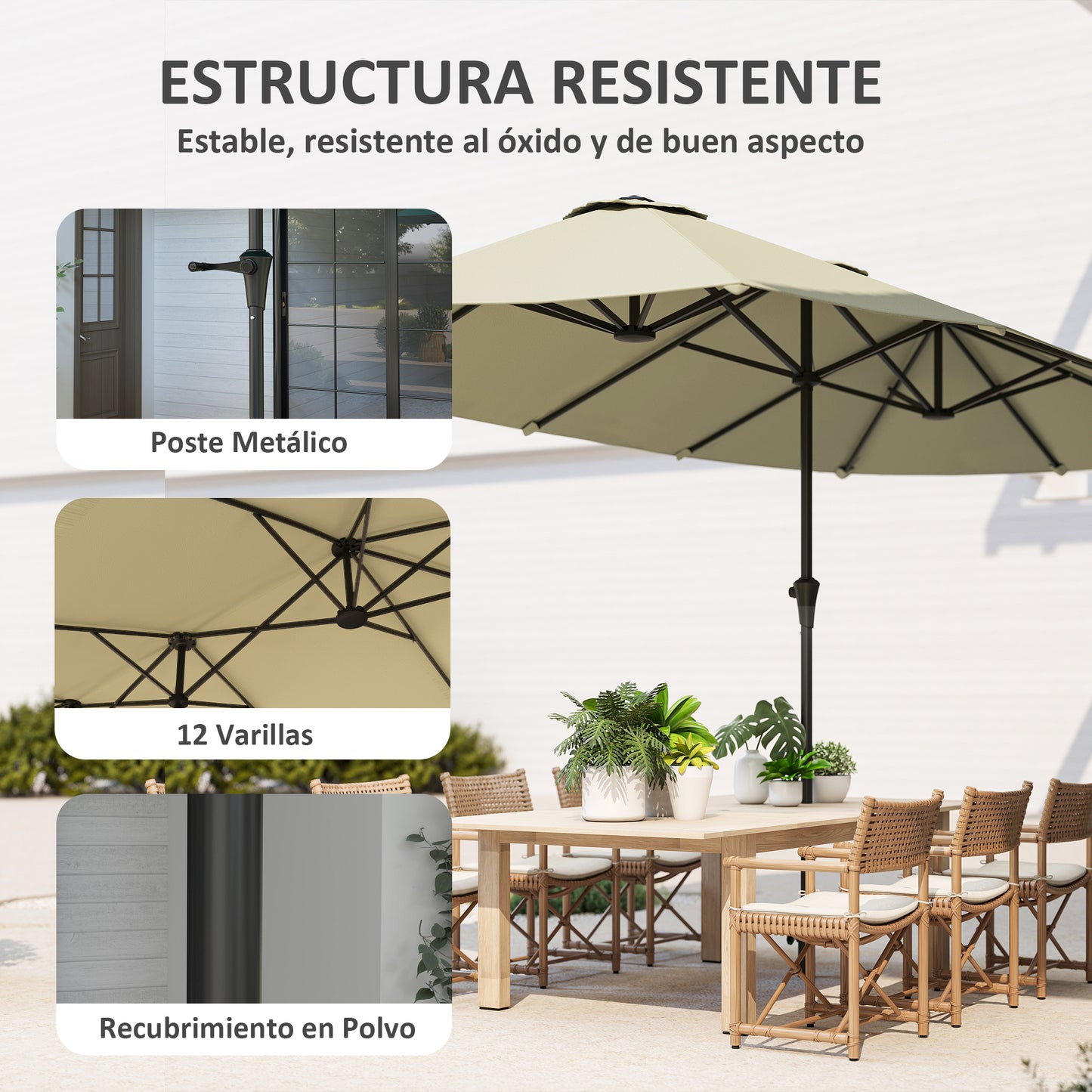 Outsunny Sombrilla Doble 4x2,2 M Con Manivela Manual Impermeable Crema_5
