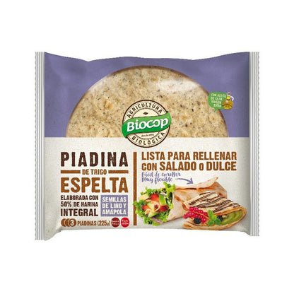 Piadina de trigo Espelta Integral con Semillas de Lino y Amapola Biocop 225 g