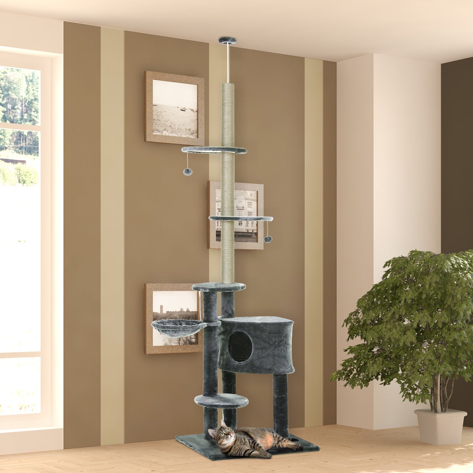 Pawhut Árbol Rascador Para Gatos De 220-265 Cm Altura Ajustable Al Techo Gris_1