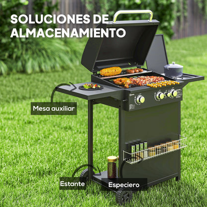 Outsunny Barbacoa De Gas Con 3+1 Quemadores 8,5 Kw Termómetro Mesa Lateral Negro_5