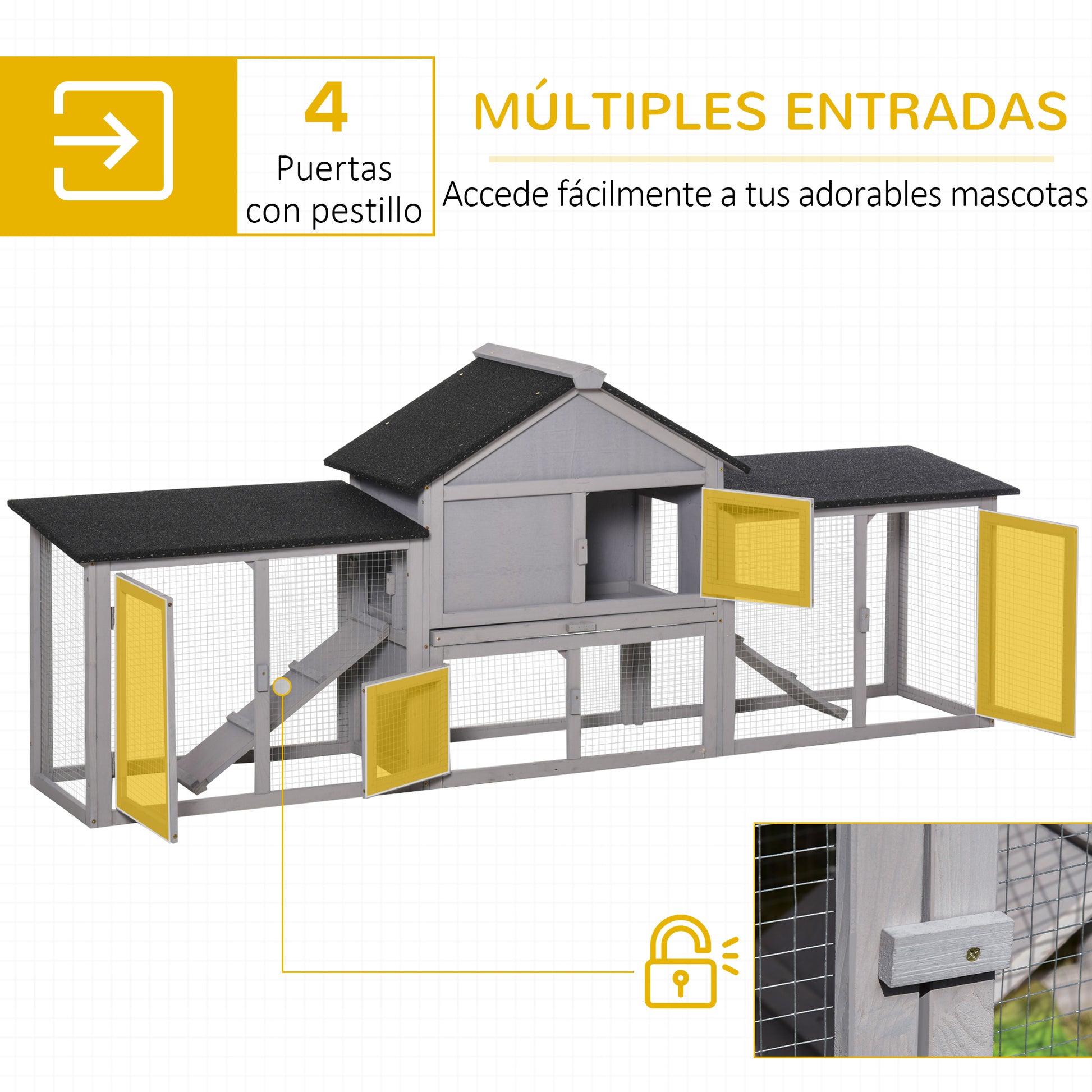 Pawhut Conejera De Exterior Para 2-4 Conejos Con Techo Asfáltico Y Bandeja Gris_3