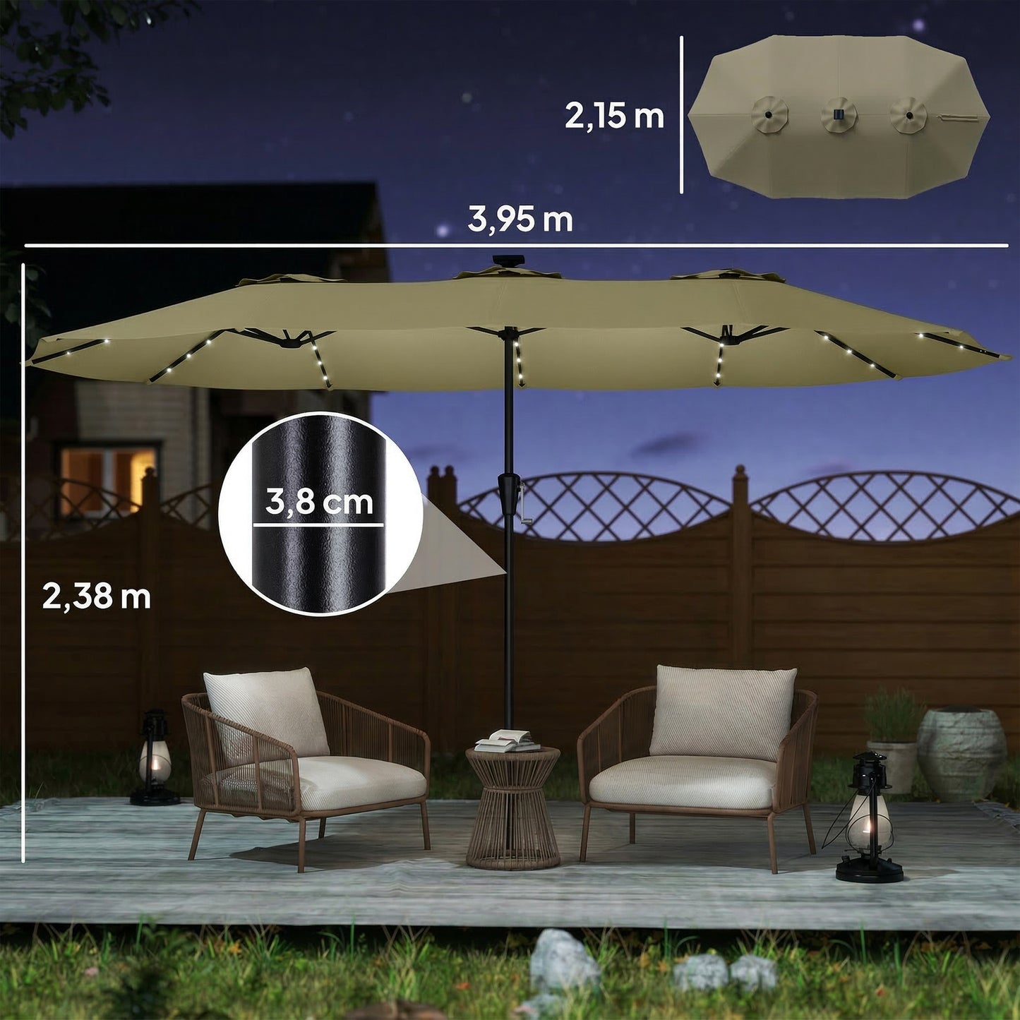 Outsunny Sombrilla Doble 4x2 M Con 36 Luces Led Manivela Upf50+ Beige_2