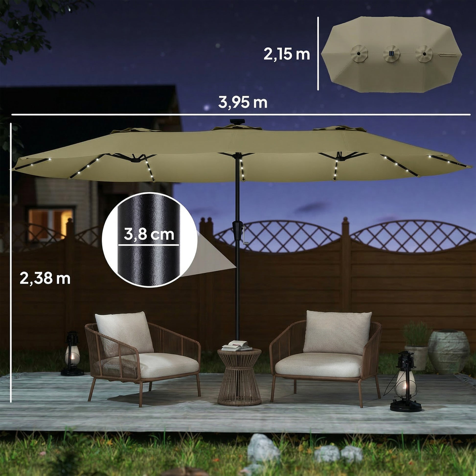 Outsunny Sombrilla Doble 4x2 M Con 36 Luces Led Manivela Upf50+ Beige_2