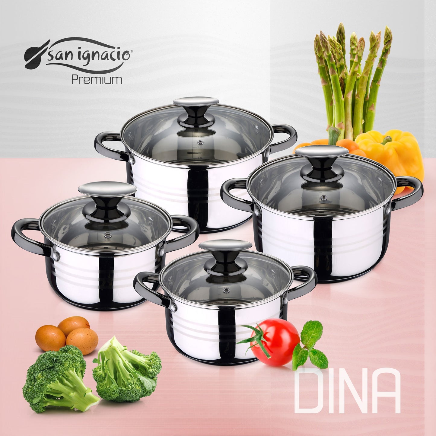 Bateria De Cocina 8 Piezas San Ignacio Dina Acero Inox y Sartenes 18-22 Cm Grill 28 cm_1