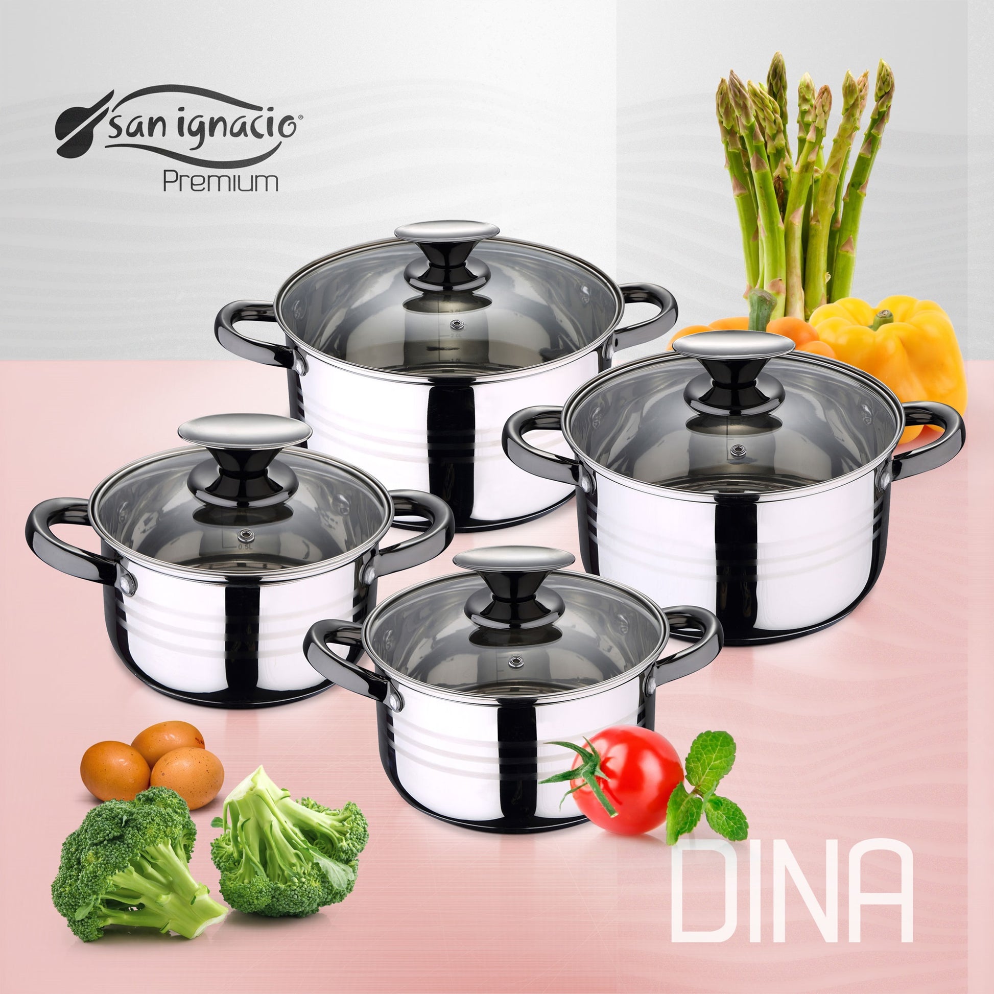 Pack De 3 Sartenes San Ignacio  Ø16cm Ø20cm Ø24cm + Batería De Cocina De 8pc En Acero Inoxidable