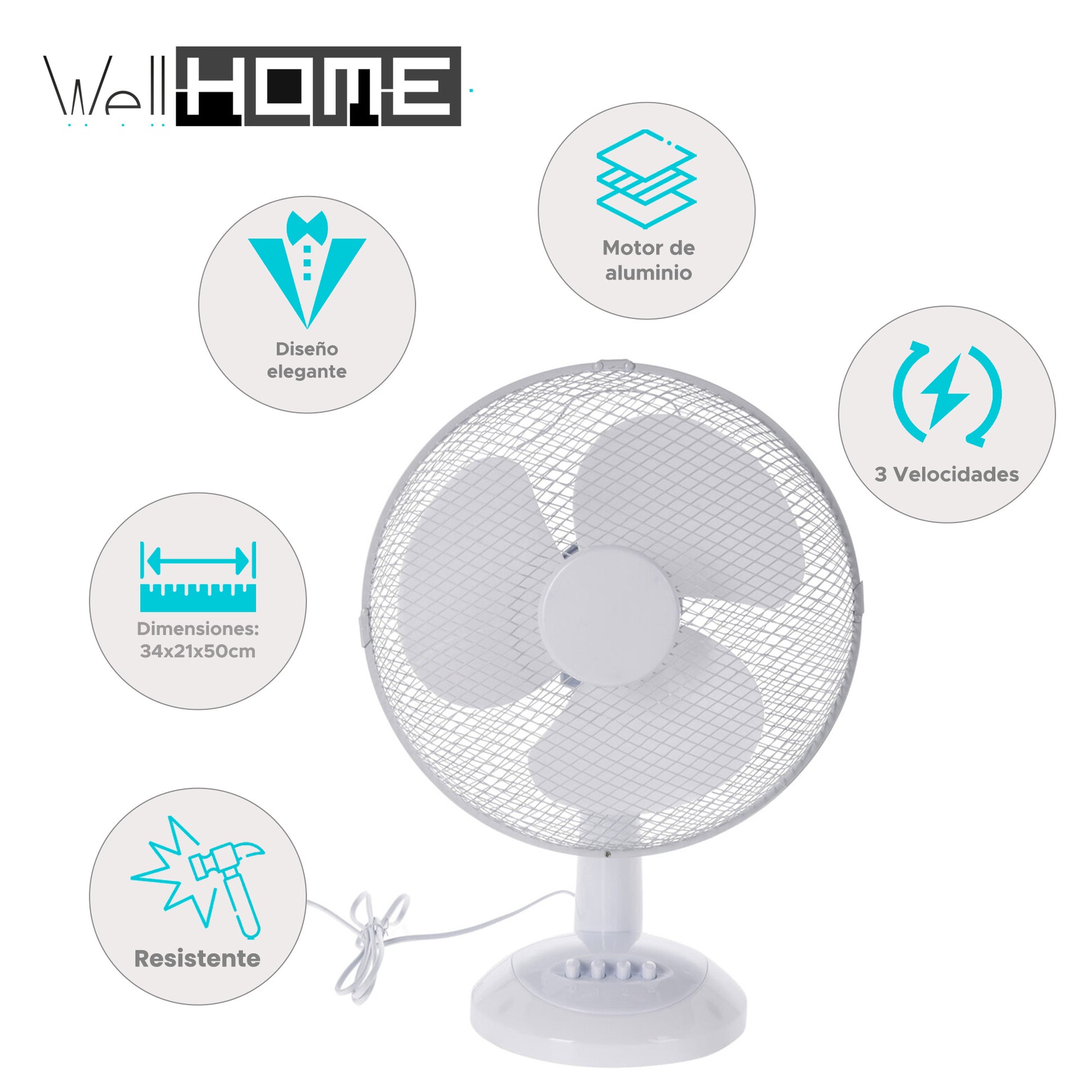 Well Home Ventilador De Mesa Blanco De 34x21x50cm Con Cabezal Ajustable Y Oscilante Horizontalmente - 3 Velocidades_1
