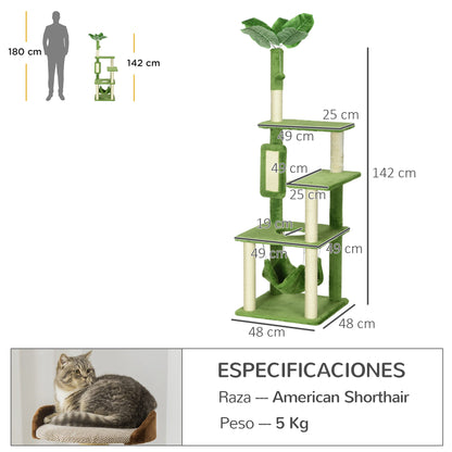 Pawhut Árbol Rascador Para Gatos Grandes De 142 Cm Con Hojas 49x49x142 Cm Verde_2