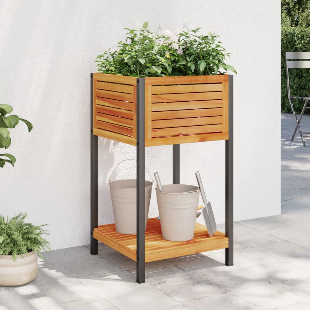 Jardinera Con Estante Madera Maciza Acacia Y Acero 45x45x80 Cm_1