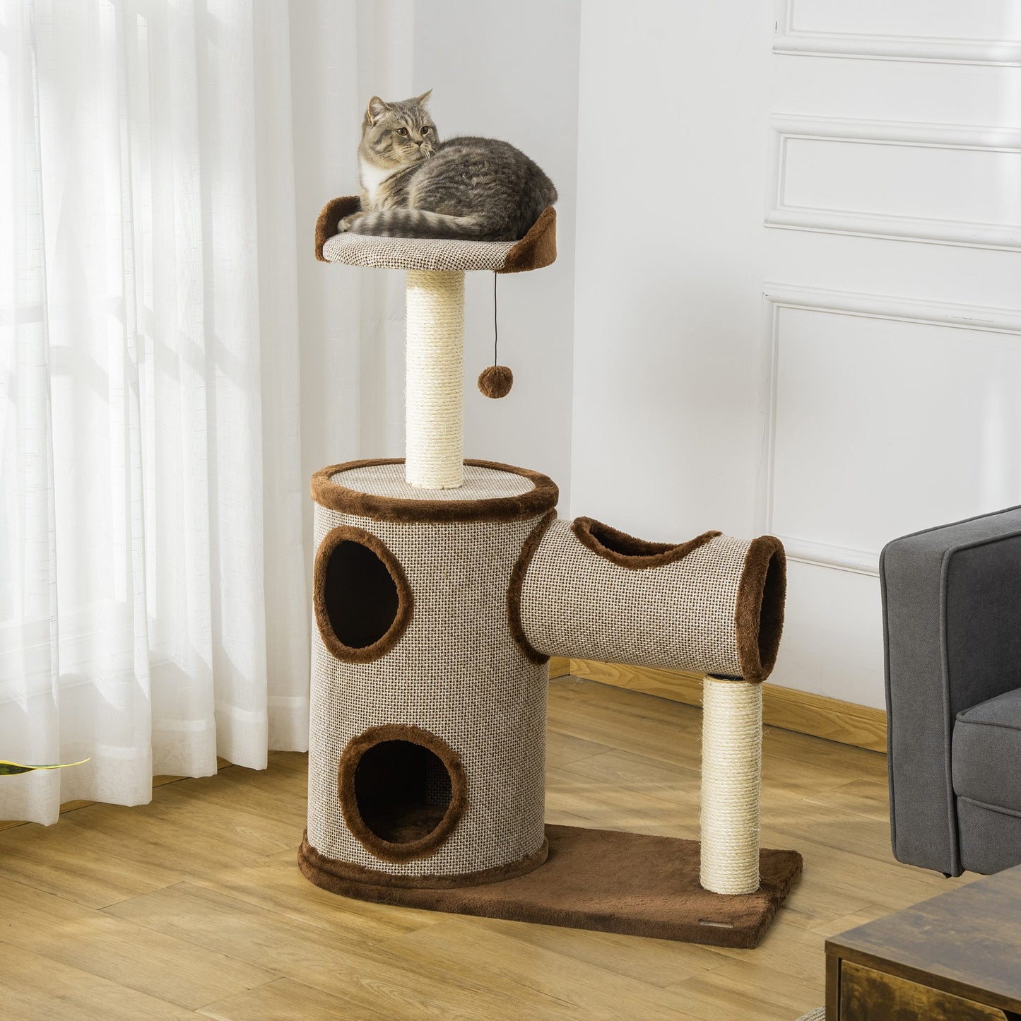 Pawhut Árbol Rascador Para Gatos Mediano 104 Cm Con Barril Cama Y Postes Marrón_1