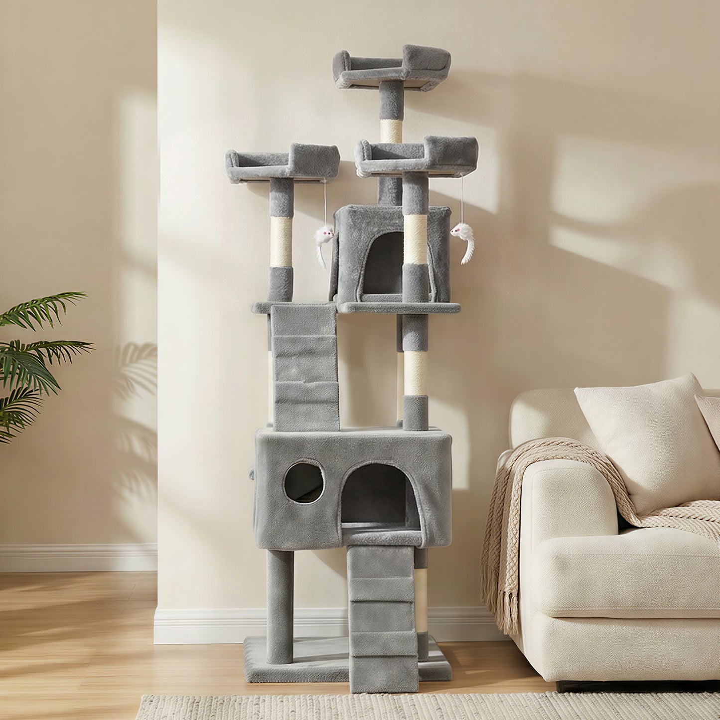 Pawhut Árbol Rascador Para Gatos 153 Cm Con 2 Cuevas 3 Camas 2 Rampas Gris_1