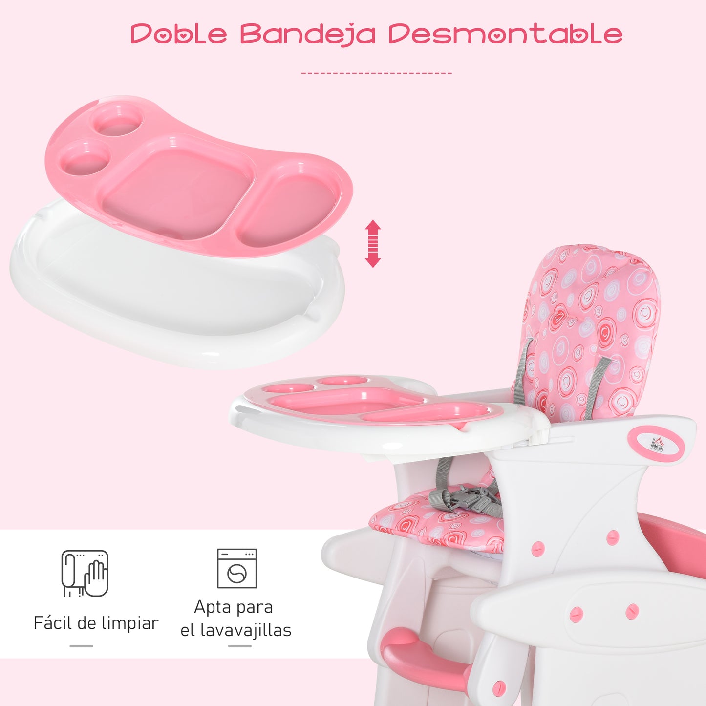 Homcom Trona Para Bebé 3en1 +6 Meses Con 2 Bandejas Extraíbles 57x59x105 Rosa_5