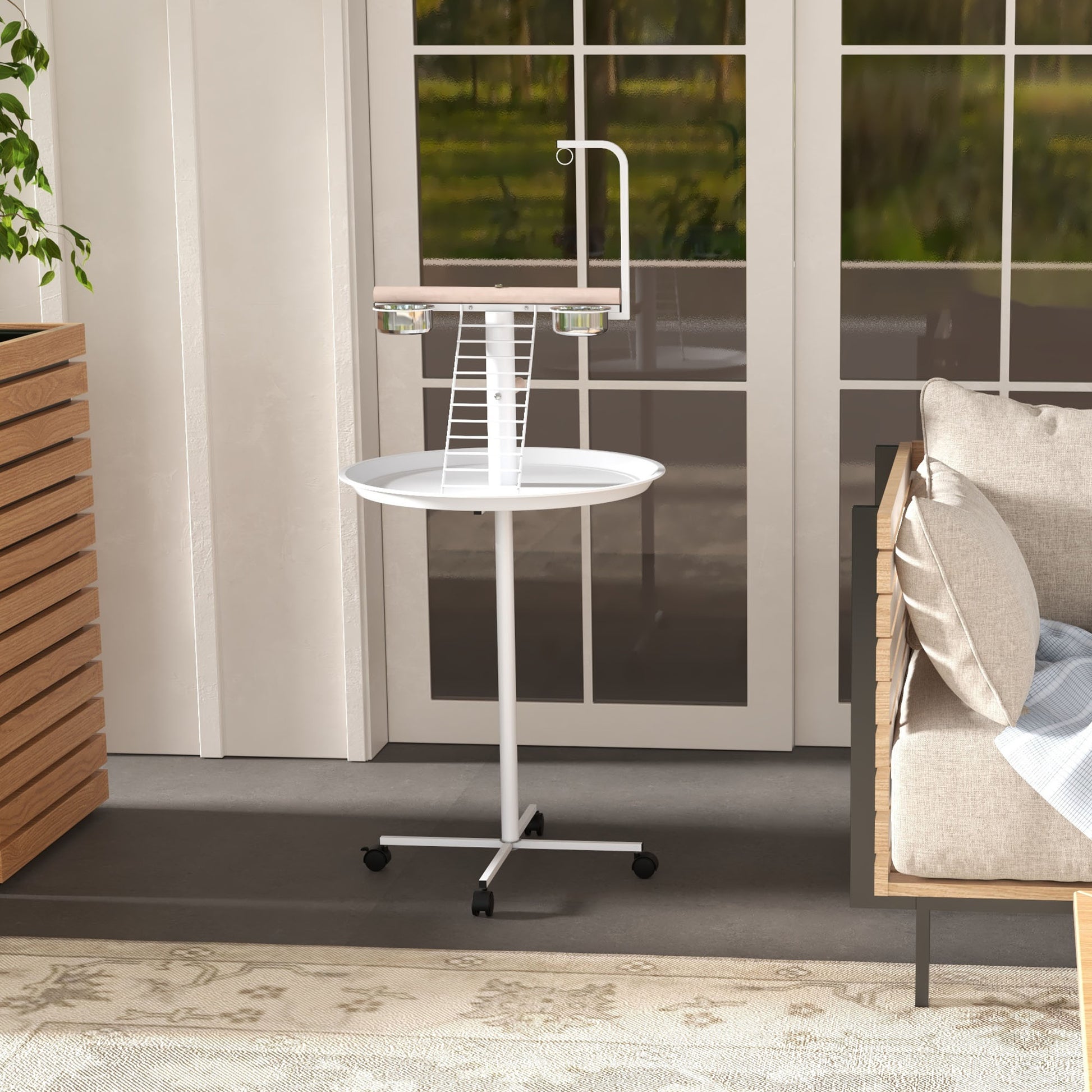 Pawhut Comedero De Pájaros Para Exterior Con Ruedas Ø60x138 Cm Blanco_3