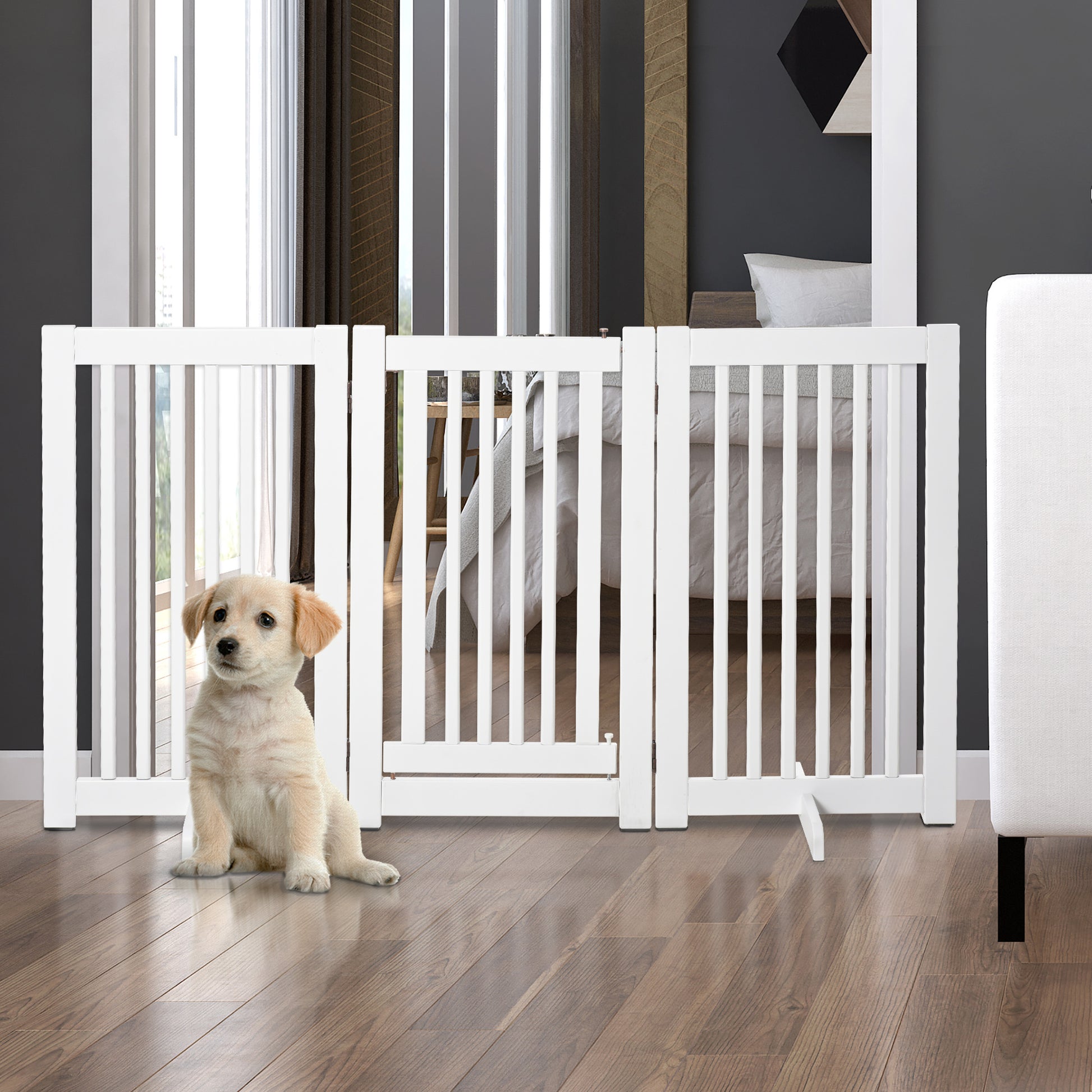 Pawhut Barrera Para Perros Plegable De Madera Con 1 Puerta 155x35,5x76 Cm Blanco_1