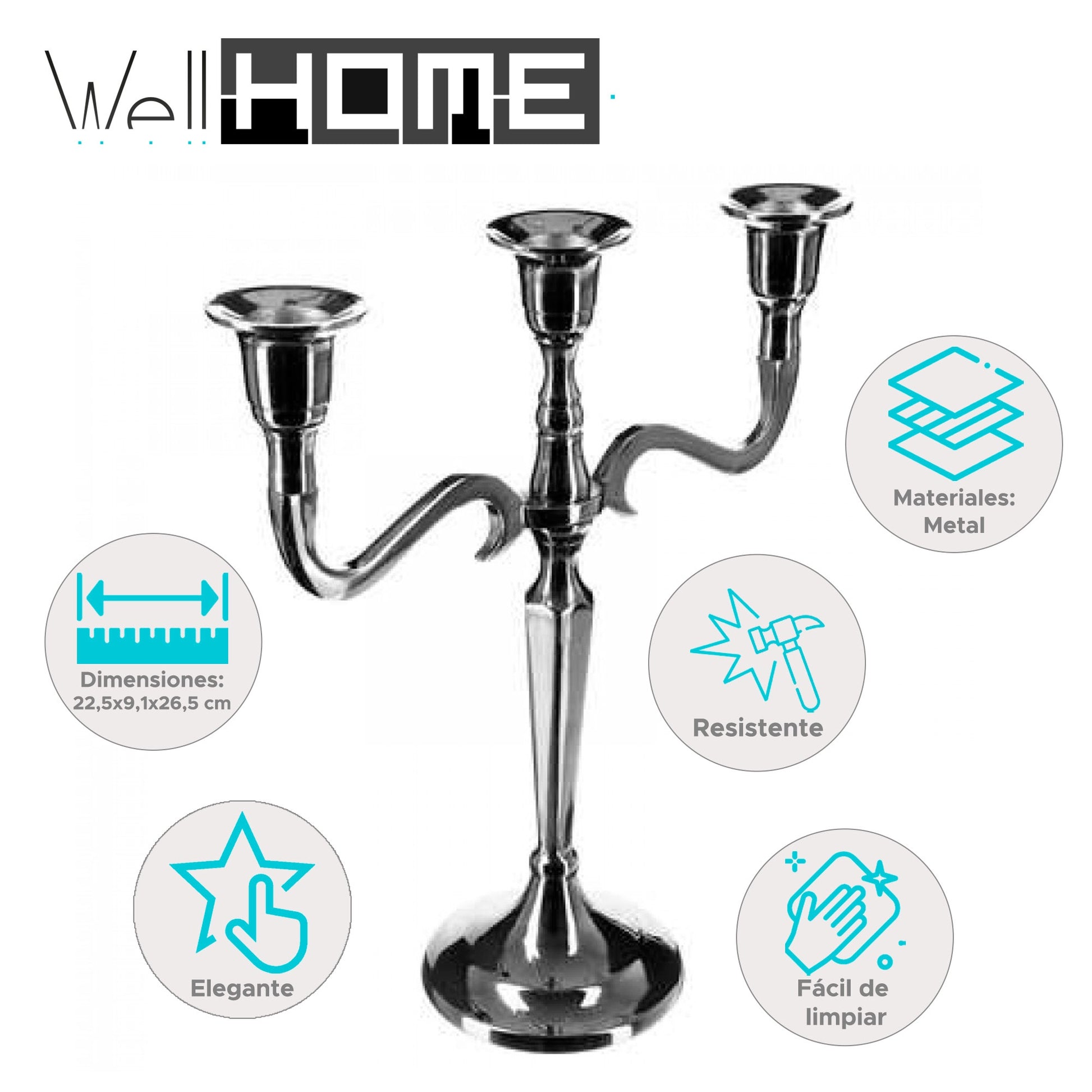 Well Home - Candelabro De Metal Moderno Con 3 Brazos 22,5x9,1x26,5cm