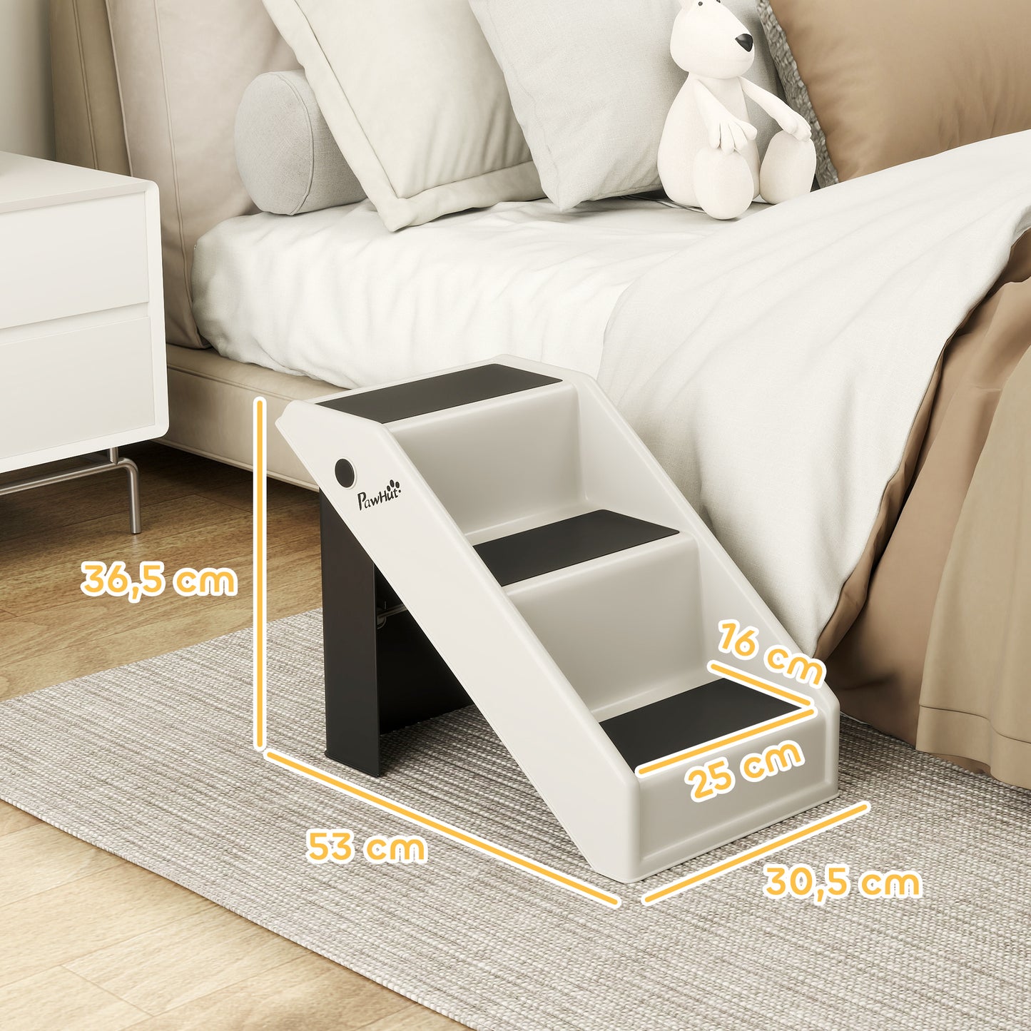 Pawhut Escalera Para Mascotas Plegable De 3 Peldaños 53x30,5x36,5 Cm Crema_2