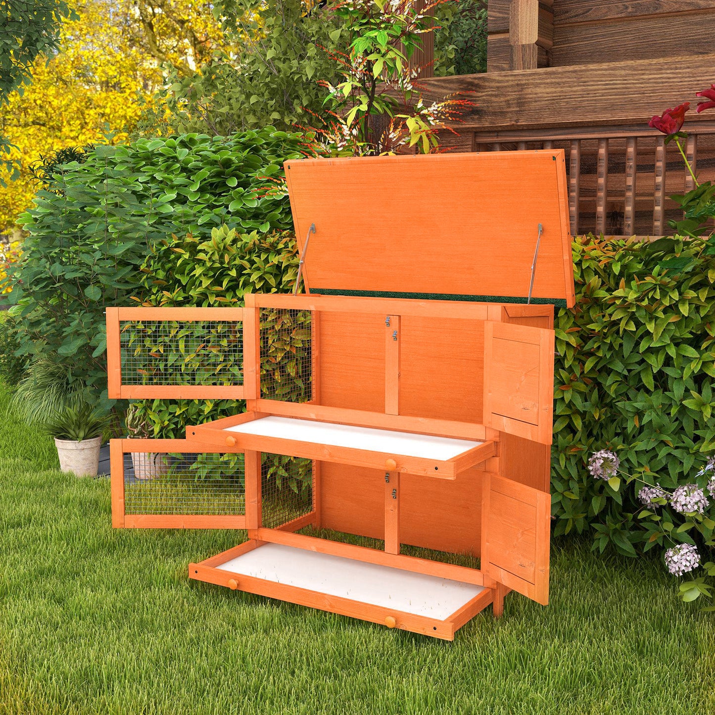 Pawhut Conejera Madera Exterior 2 Pisos Con Techo Asfáltico Abrible 90x45x90 Cm_3