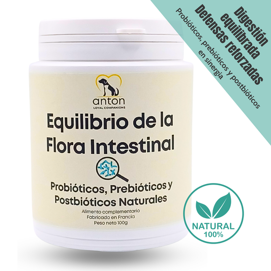 Suplemento natural para perros y gatos – Equilibrio Flora Intestinal Probióticos, Prebióticos y Postbióticos 100 g