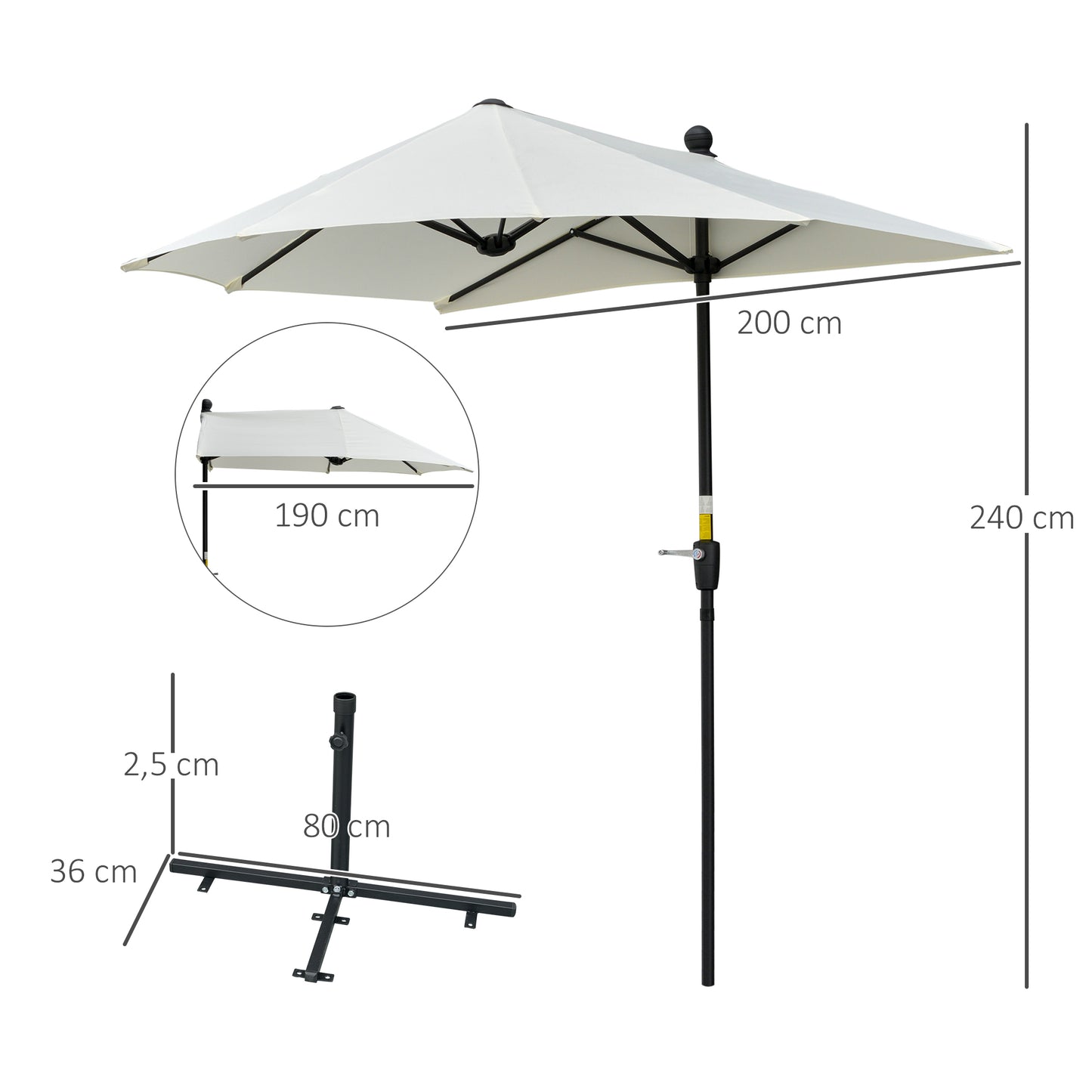 Outsunny Sombrilla De Pared Jardín 200x190x240cm Con Manivela Para Terraza Crema_2
