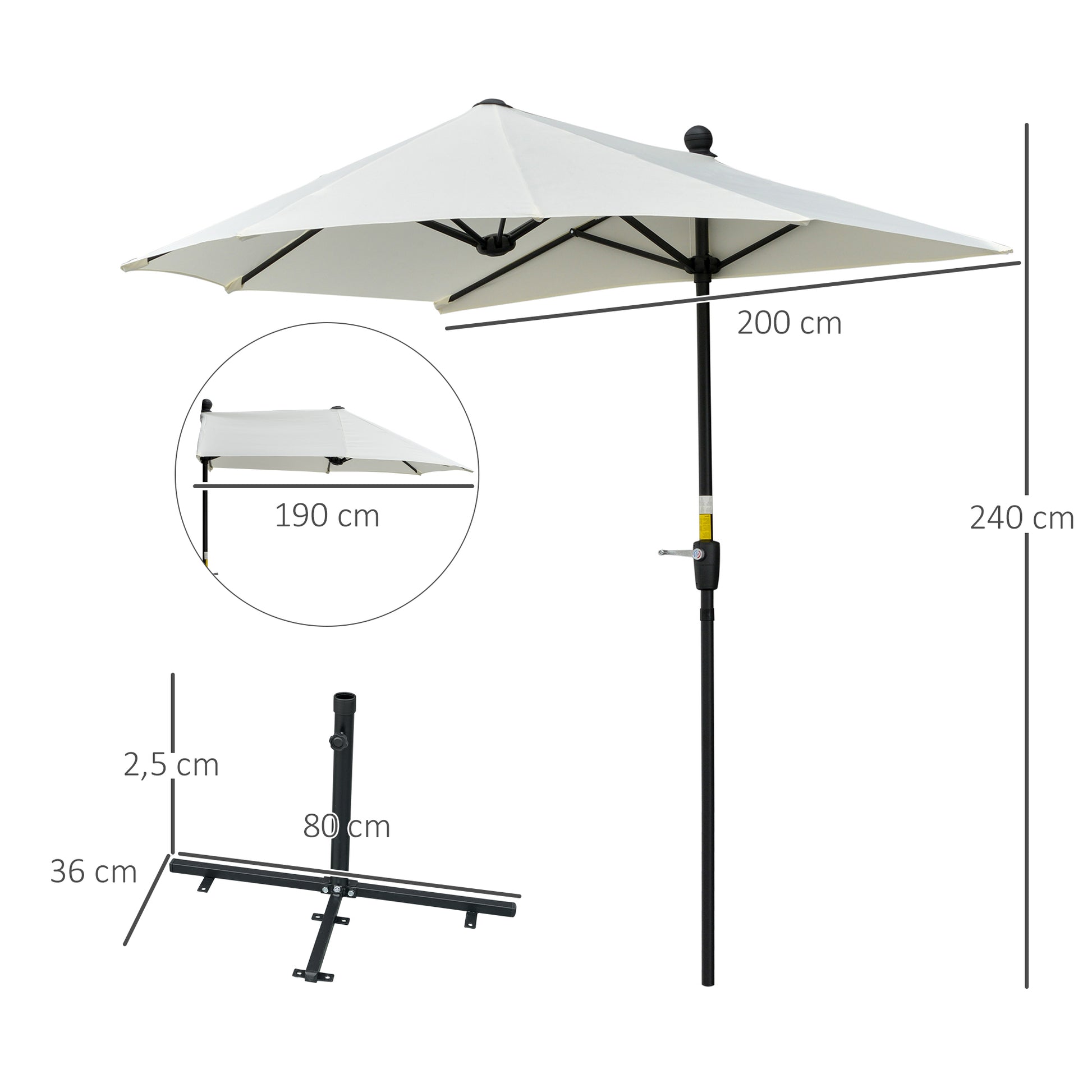 Outsunny Sombrilla De Pared Jardín 200x190x240cm Con Manivela Para Terraza Crema_2