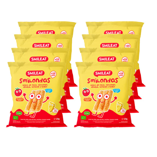 Pack 8x Smilondas Snack de Maiz, garbanzo, lenteja, Tomate y Queso Eco, Smileat, 25 g