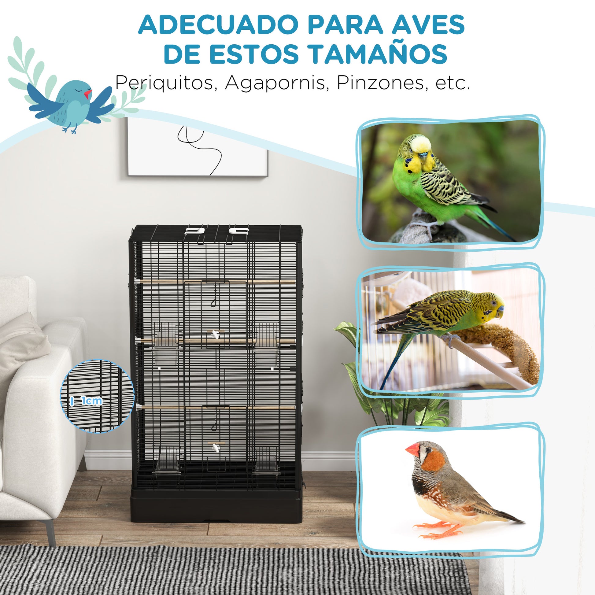 Pawhut Jaula Para Pájaros 61x36,5x98 Cm Con Puertas Perchas Bandeja Negro_5