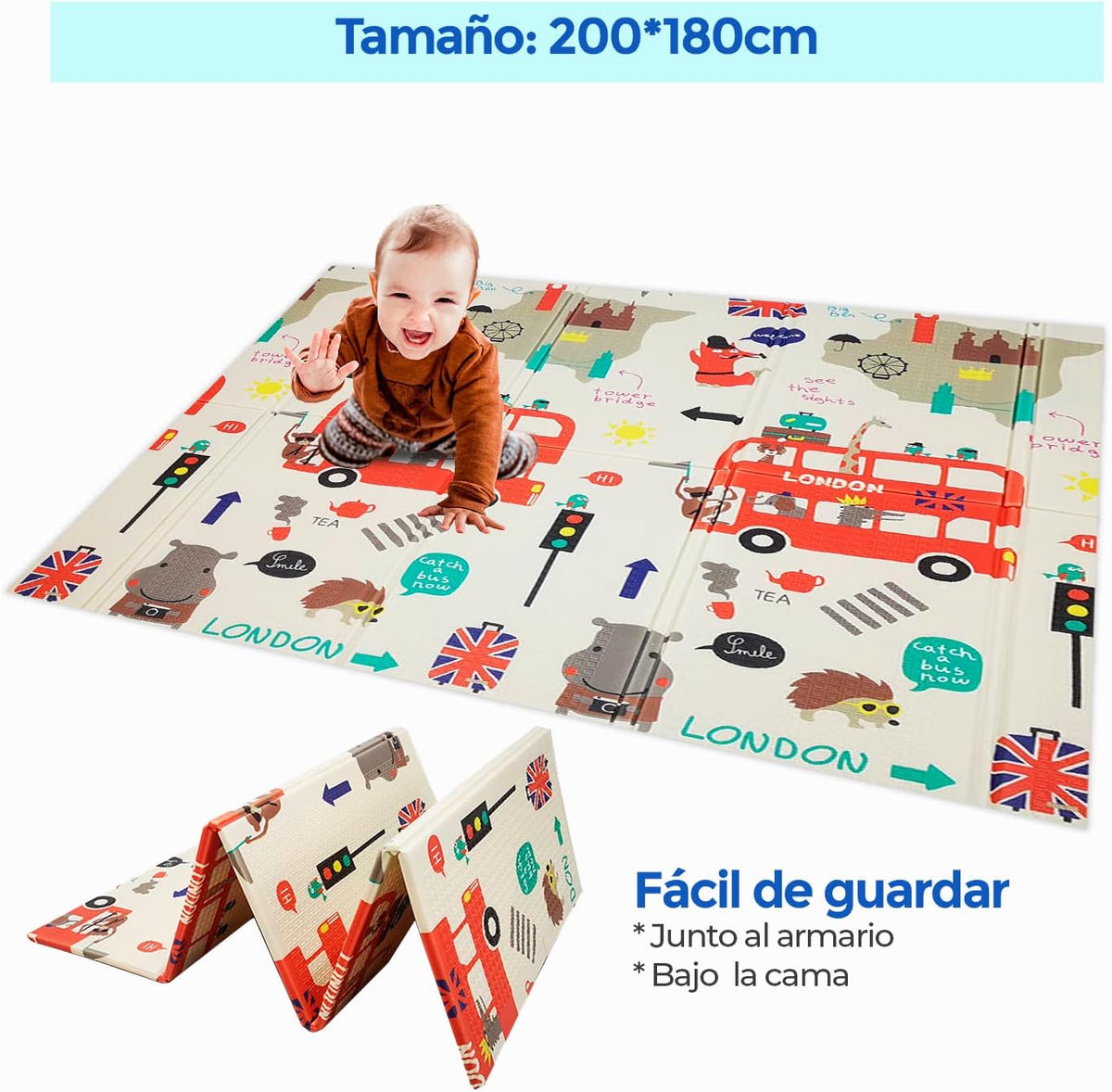 Alfombra Bebe, 1.5cm Grosor, Diseño Infantil, 200 X 180 Cm, Acolchada De Xpe, Reversible_3