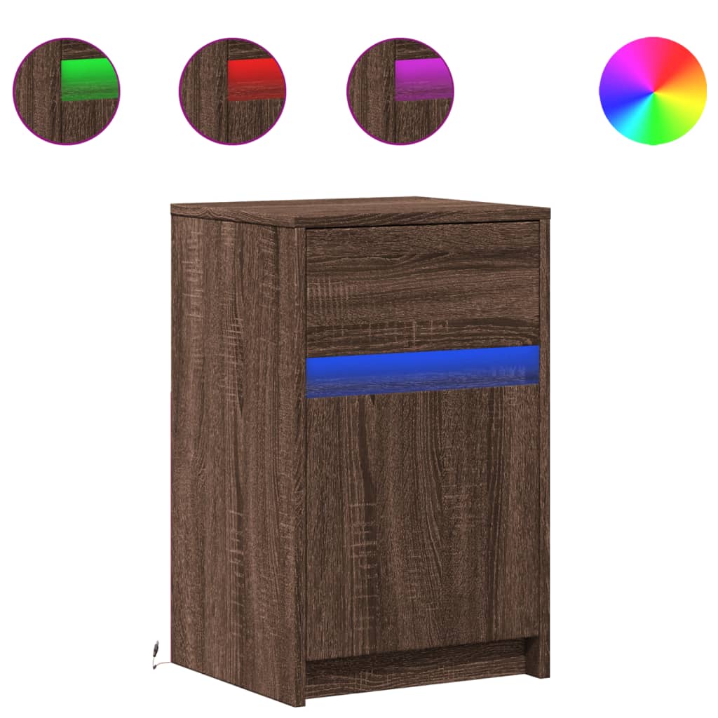 Mesita De Noche Con Luces Led Madera De Ingeniería Roble Marrón_0