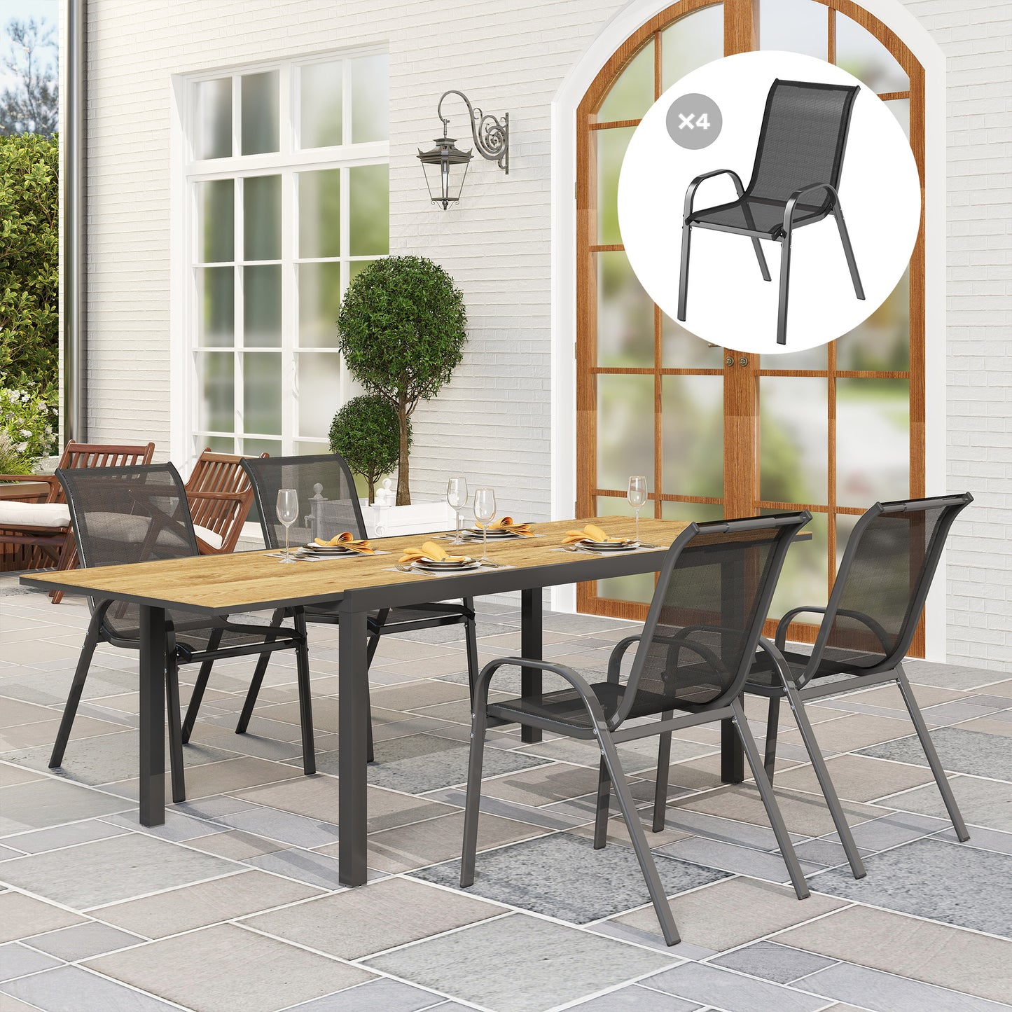 Outsunny Juego De 4 Sillas De Jardín Exterior Apilables 54x71x93 Cm Negro_1