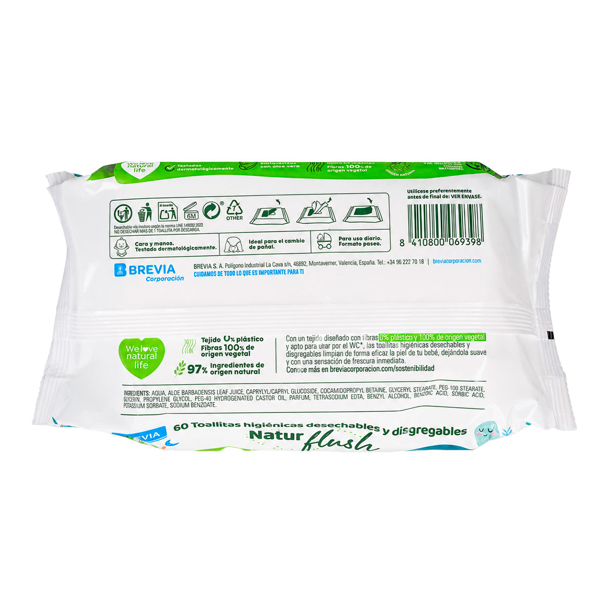 Toallitas de Bebé Babycream Natur Flush Brevia 60 ud