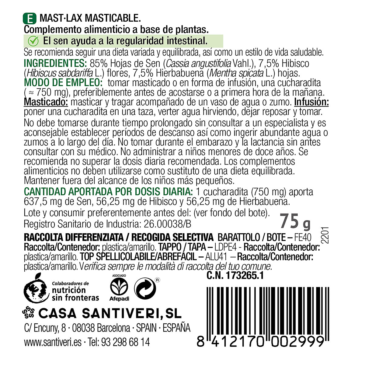 Mast-Lax Masticable Sanaflor Santiveri 75 g