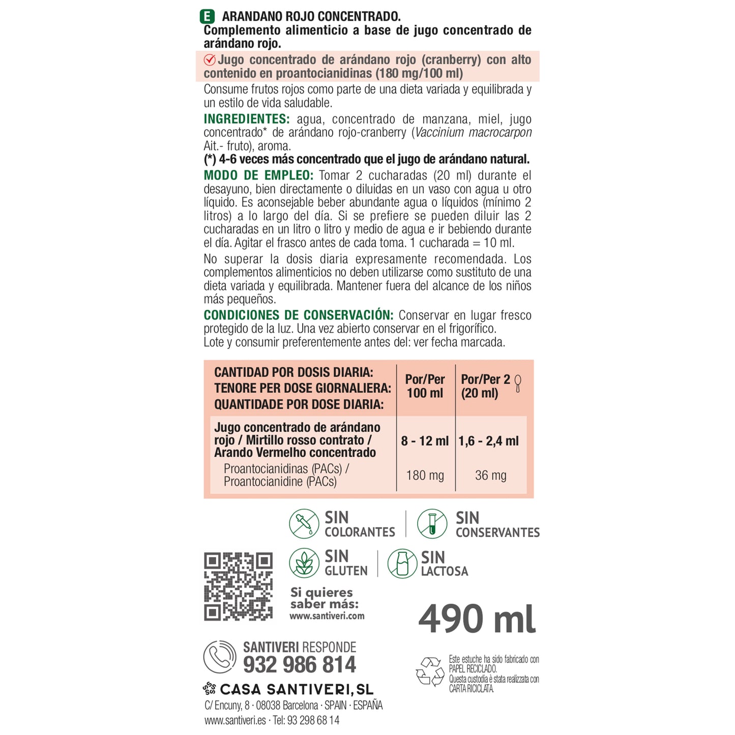 Arándano rojo concentrado Santiveri 490 ml