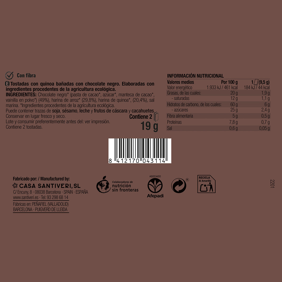 Tostadas crujientes con Quinoa y Chocolate negro BIO Sntiveri 3x57 g