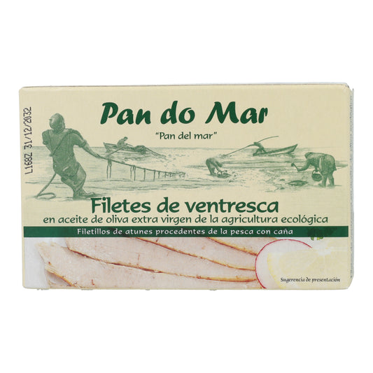 Filetes de Ventresca de atún claro en aceite de oliva ecológico en Lata Pan do Mar 120g