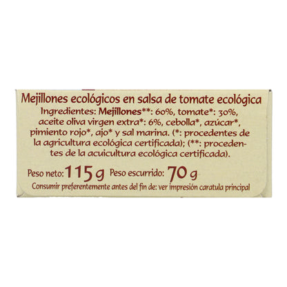 Mejillones ecológicos en salsa de tomate ecológica en Lata Pan do Mar 115g