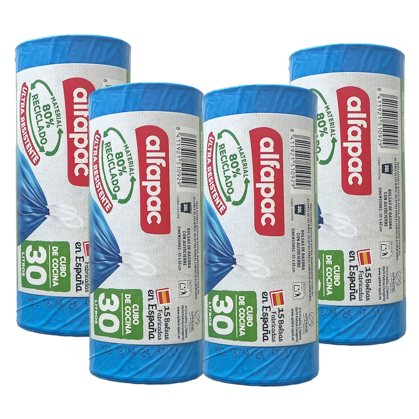 80% Reciclado 4 Rollos De 15 Bolsas De Basura 30l Con Autocierre_0