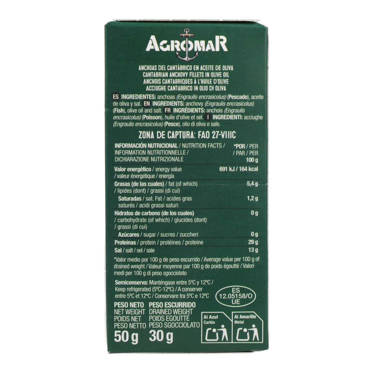 Anchoa del Catábrico en Aceite de Oliva en lata AGROMAR 9-10 filetes (30 g peso escurrido)