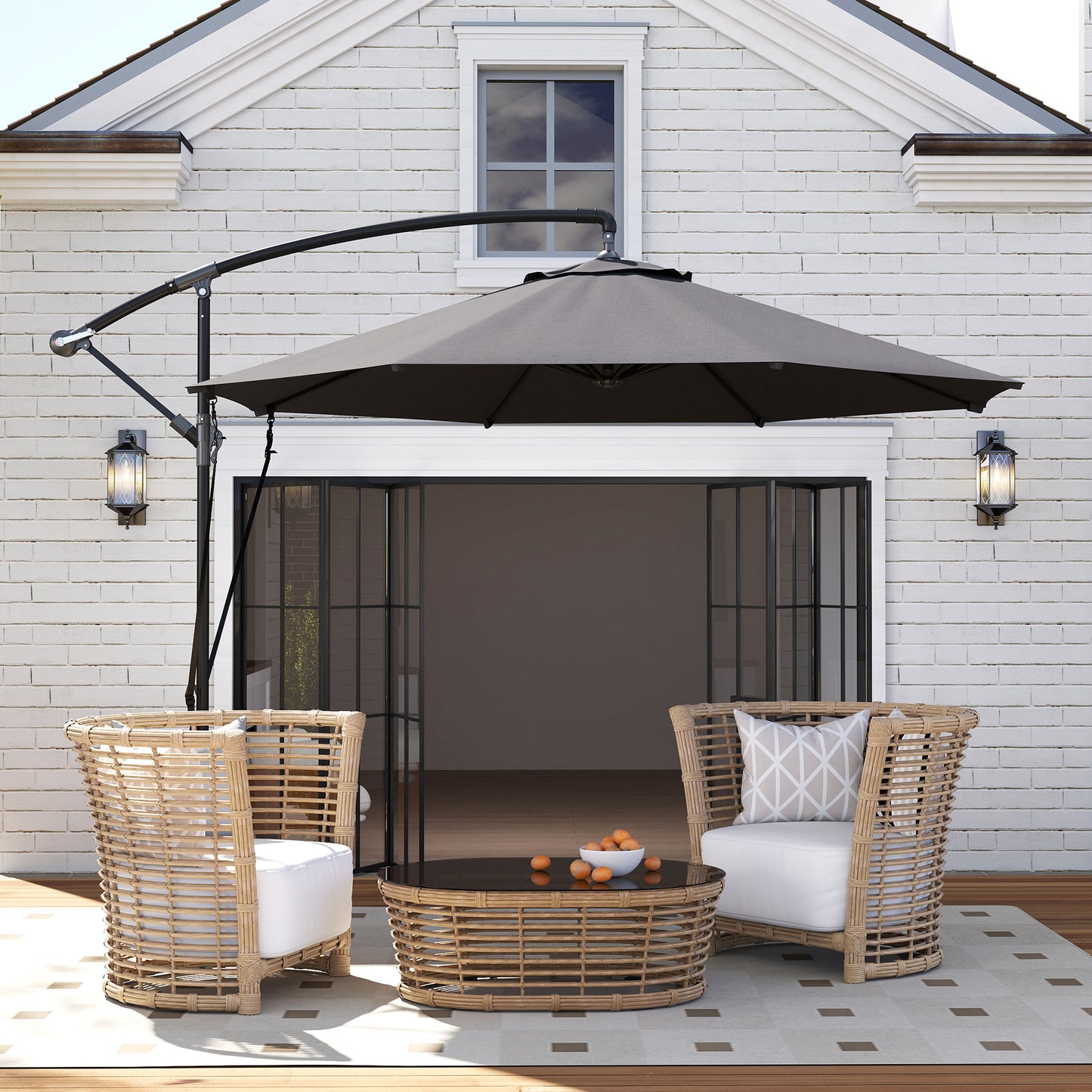 Outsunny Parasol Excéntrico Ø 290 Cm Con Base Cruzada Manivela Anti-uv 50+ Gris_1