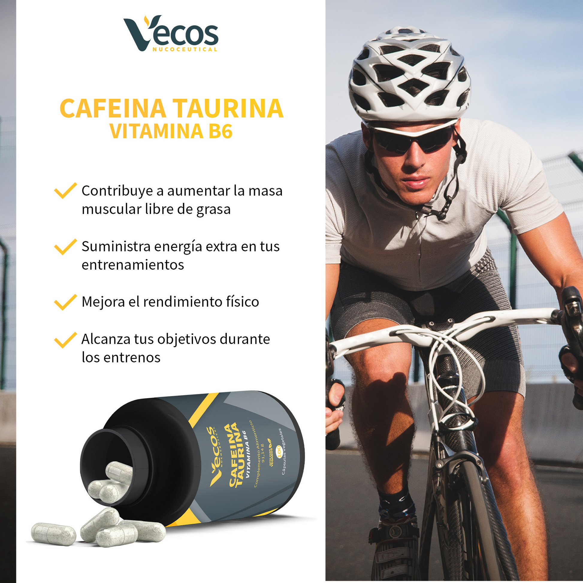 Pre-workout Cafeína 300 Mg Vecos 100 Cápsulas | Energía Extrema | Taurina + B6_3