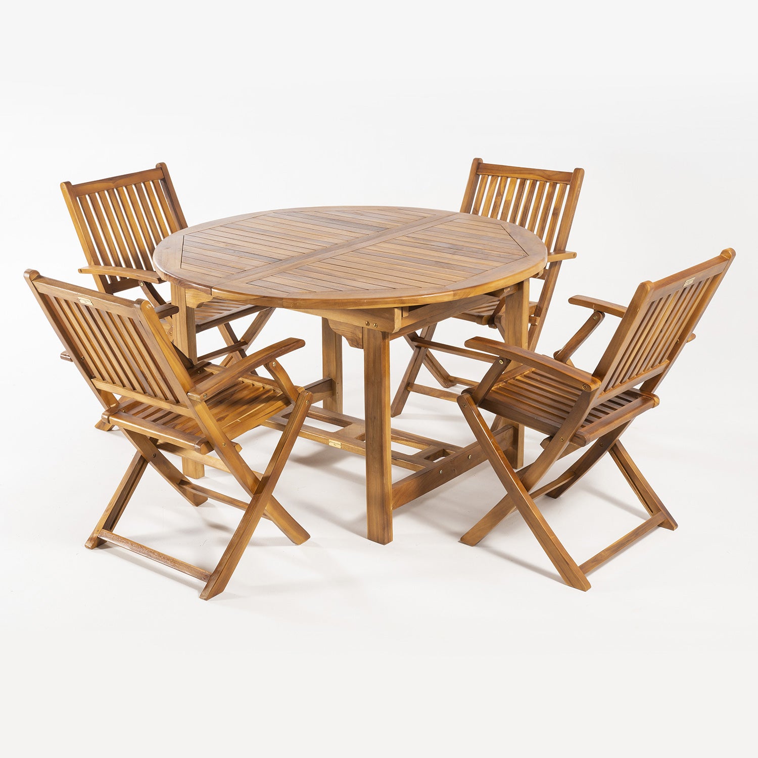 Conjunto De Exterior De Madera Teca, Mesa Redonda Extensible 120/180 Cm Y 4 Sillones Plegables, Madera Teca Grado A, Tratamiento Al Agua Aplicado_2