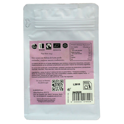 Cacao con Melena de León 90% Puro BIO vegano, sin gluten y sin azúcares añadidos Alternativa3 125 g